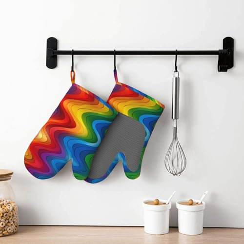 Silikon Ofenhandschuhe 2 Stück Regenbogen Ofenhandschuhe für Damen Herren Hitzebeständige Grillhandschuhe Wasserdicht rutschfest BBQ Handschuhe für Küche Kochen