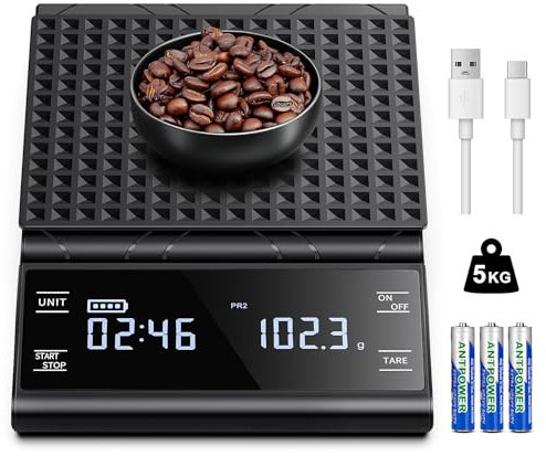 BKXCHA Báscula de Café Digital con Temporizador, Recargable Báscula de Espresso de Precisión 5 kg/0,1 g, con Pantalla LCD y Medición Automática Del Tiempo.