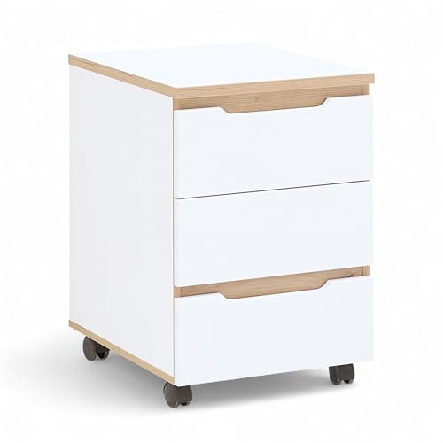 Memphis Rollcontainer Schreibtisch Weiß Artisan Eiche 45 x 66 x 55 cm | Mobiler Büroschrank für das Büro, 3 geräumige Schubkästen, 4 Rollen davon 2 mit Bremse, kompakte Maße