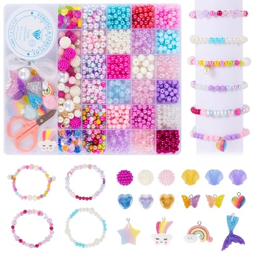 DMOPRDNB 600+ Stück Perlen zum Auffädeln, Bunte Anhänger Meerjungfrau perlen Schmuck Ketten Bastelset, Geschenke für Mädchen für DIY Armbänder Handwerk Schmuckherstellung