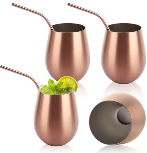 Oungy Set of 4 Stainless Steel Wine Glasses, 500ml/18oz Large Stemless Wine Glass with Straw, Unbreakable Shatterproof Wine Tumblers - Gold