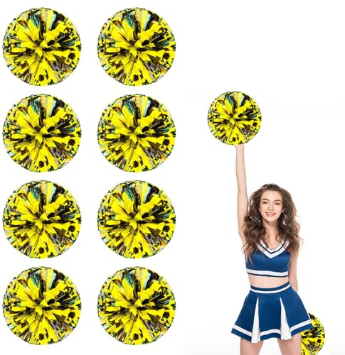 8 Stück Cheerleading Pompoms mit Fingerlöchern, Metallic-Folien Cheerleader-Pompoms für Tanz, Wettkämpfe und Teamgeist (Schwarz Gelb)