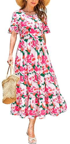 STYLEWORD Women Summer Dress Floral Short Sleeve Ladies Casual Swing Midi Dress with Pockets(Green Rose Floral,XX-Large)