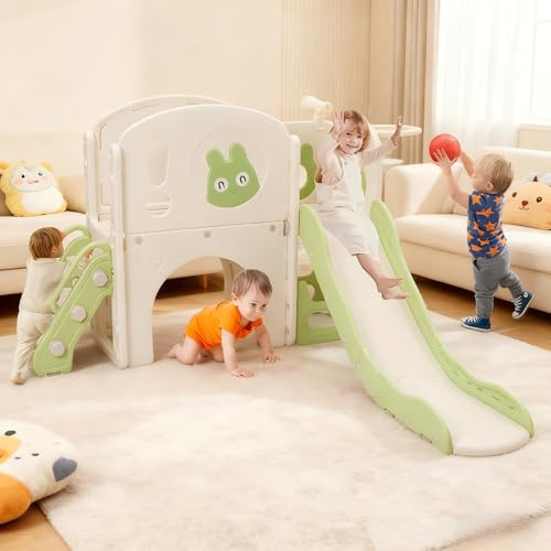 5-in-1 Kids Slide with Basketball Hoop & Storage Basket - Toddler Slide Set for Ages 1-6, Indoor/Outdoor Safe Playset, Non-Slip Climber (Green)