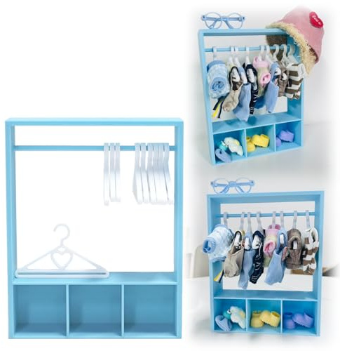 Puppenschrank mit Kleiderbügeln und Cubbies, Mini-Kleiderbügel, Kleiderbügel, Kleiderbügel, Kleiderschrank, Möbelzubehör für Puppenliebhaber (Blau)