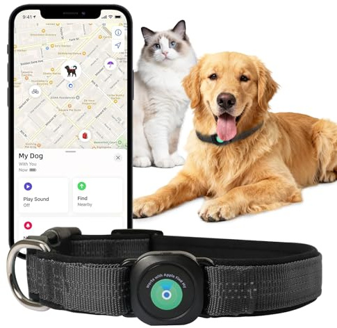 GPS Dog Collar(1 Pack), Mini GPS Cat Tracker, GPS Tracker for Dogs (iOS Only), No Monthly Fee, Compatible with Apple Find My, Anti-Lost, Finder Tag for Kitten Puppy Black M(13.2-17.5)