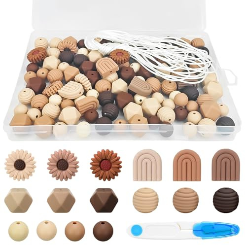XTUDOU® 112 Perles En Silicone En Forme de Fleur, Perles Silicone Ronde En Corde En Nylon Incluse, Utilisé pour Fabriquer Des Porte-CléS, Des Colliers Et de L'Artisanat (Marron)