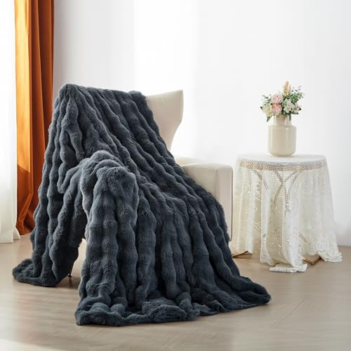 Yasmeng - Manta polar (130 x 160 cm, invierno, cálido, gris, funda de sofá, felpa, piel de conejo, textura de burbujas, súper suave, suave, manta suave, regalo para mujer