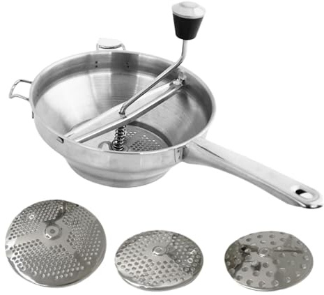 Moulin à légumes ergonomique en acier inoxydable | Outil de cuisine rotatif avec poignée et 3 tranches, hachoir manuel avec manivelle pour compote de pommes, pommes de terre, fruits, légumes, soupes