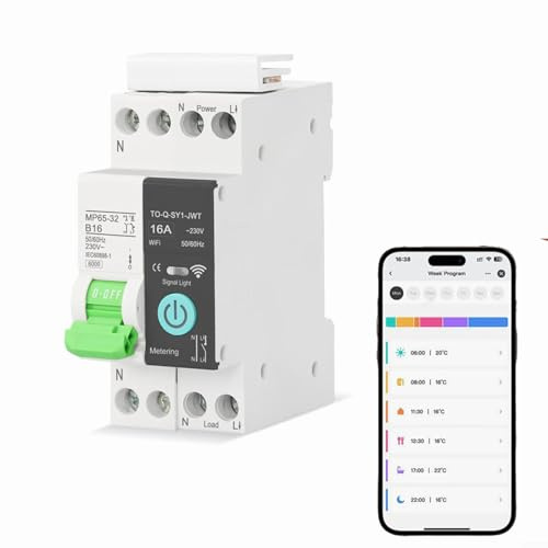 WIFI Smarter Leistungsschutzschalter, 1P+N Hutschiene WiFi Smart Schalter 16 A mit Mit Metering, DIN-Schienen-Steuerschalter, für Smart Home|Sprachsteuerung und Zeitmessung