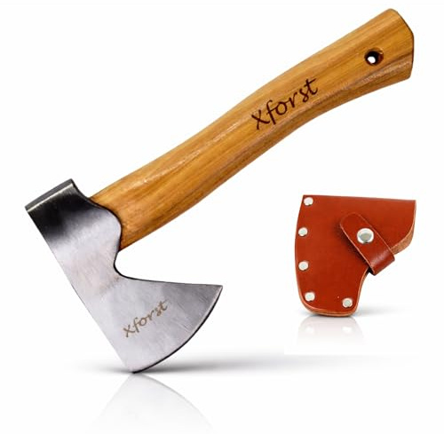 Xforst Viking-yxa X-AG1 - vandrings- och utomhusyxa med Hickory-trähandtag och skyddsfodral i äkta läder - 27 cm - 0,67 kg