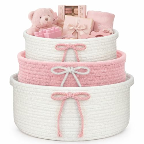 3 Stück Rosa Aufbewahrungskorb Geflochten, Coquette Korb rosa mit Griff, Geschenkkörbe zur Dekoration, Organisation, Aufbewahrung Verwendet Werden（30 x 23 x 13）（28 x 20 x 13）（25 x 15 x 13）