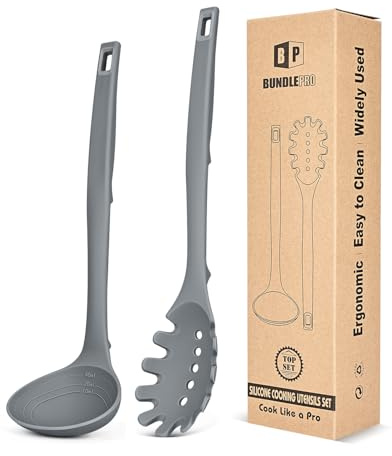 Silikon-Pasta-Gabel und Suppe-Ladel-Set, hitzebeständiges Antiklebriges Küchenutensilien mit Rücken-Haken, geeignet zum Kochen, Rühren, Servieren von Spaghetti, Suppe, Sauce (Grau)
