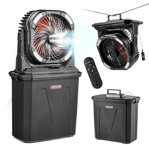 VEVOR Ventilador Nebulizador de Agua 11 W Motor de 2700 RPM, Ventilador Humidificador con Tanque de Agua de 9 L, Batería de 10.000 mAh, 4 Velocidades de Viento, 5 Modos de Iluminación, para Camping