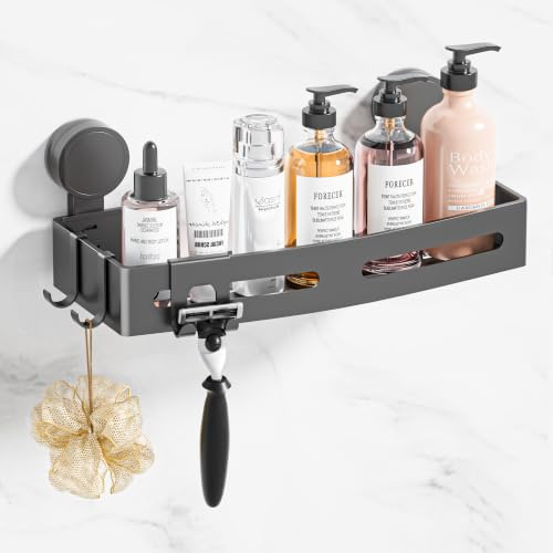 Wisfame Mensola Doccia Senza Foratura, Ventosa Bagno Portasapone Doccia Scaffali con Ganci Supporto per Shampoo Rimovibile e Antiruggine Alluminio per Sapone Porta Bagnoschiuma,Accessori Bagno,Grigio