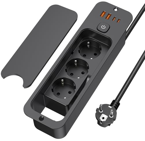 Inbyggt grenuttag 3-vägs med 4 USB, PD 20 W snabbladdningsfunktion, infällbart bordsuttag med säkerhetsbrytare – platt design för skrivbord och kök, svart