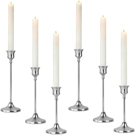 6 Teiliger Metall Kerzenständer Silber, Vintage Kerzenhalter Stabkerze, Hoch Stabkerzenhalter für Deko Candle Holder Set Elegante Kerzenleuchter für Hochzeit Partys Wohnkultur Tischdekoration