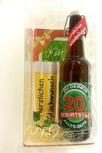 SünGross Geschenk Set, Bierset Bier Geschenk zum 20. Geburtstag das bei Frau und Mann Immer gut ankommt, Bierflasche mit Etikett, Glas Bierkrug und Geschenk Postkarte