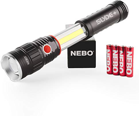 NEBO SLYDE+ 300 Lumen LED Flashlight & Red COB Work Light, 4X Zoom & Strong Magnetic Base, EDC Flashlight, Camping Light, LED Emergency Light | 300 Lumen LED Flashlight & 200 Lumen COB Worklight, 4 Modes, 3x AAA Batteries, Magnetic Base, Water & Impact Resistant