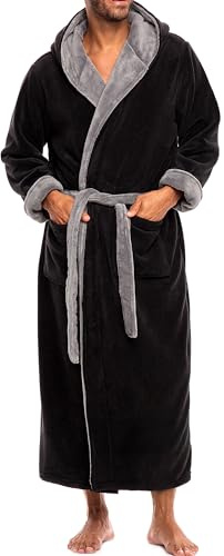 Alexander Del Rossa Mens Robe, Plush Fleece Hooded Bathrobe Men, Big Tall Robe Black with Gray Contrast 4XL (A0125BKS4X)