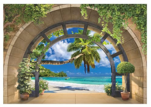 Forwall - Vlies Fototapete Fenster Strand Meer Palmen Natur Landschaft 368x254 cm - Fototapeten - Tapeten - für Wohnzimmer Schlafzimmer - Vliestapete Wandtapete Tapete 3D Effekt- inkl. Kleister