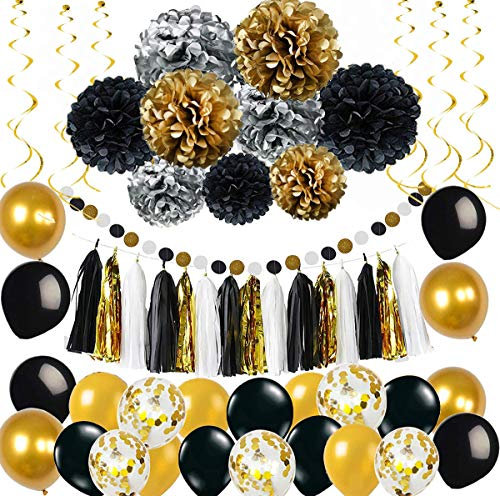 MAKFORT Party Deko Set Gold Silber Schwarz Pompoms Quasten Girlande Luftballons Papier Girlande spiralgirlanden Geburtstag Hochzeit Partydeko
