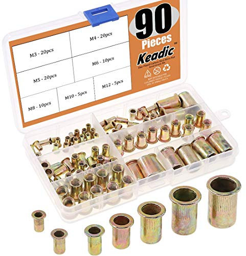 Keadic 90PCS metrico misti zincato acciaio al carbonio Rivet dado testa piatta filettato inserto Nutsert assortimento kit – Dimensioni, comprende m3 M4 M5 M6 M8 M10 M12