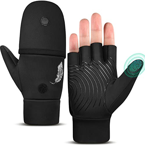 EEFOW Halbfinger Flip Herren Thermo Winterhandschuhe - Outdoor Warm Touchscreen Fingerlose Handschuh Wasserdicht Winddicht Fahrradhandschuhe für Fahrrad Ski Arbeits Fußball Motorrad Sport Schwarz S