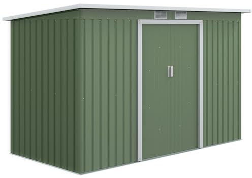 Outsunny 9ft x 4ft Metal Garden Shed, Waterproof Outdoor Bike Storage Shed Galvanised with Foundation Kit, Vents, Apex Roof and Lockable Double Doors for Patio Yard, Light Green
