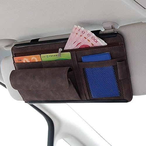 Qirc Auto-Sonnenblenden-Organizer, Brillenetui, Aufbewahrungstasche, Notizhalter, Auto, Wildleder, Reißverschluss, Kartenhalter, Auto-Organizer und Aufbewahrung, Fahrzeug-Innenzubehör (braun)