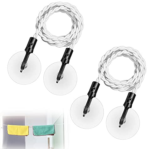 ZAHD 2 Stück verstellbare Winddichte Seil-Wäscheleine Reise-Wäscheleine Travel Clotheslines with Hooks and Suction Cups Ohne Wäscheklammern verwendbarIdeal für Camping Vanlife und Backpacking（Weiß）