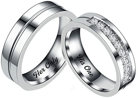Homxi Bague Alliance Personnalisable,Alliance Acier Inoxydable Bagues Mariage Homme et Femme Argent Bague avec 6MM Her Only His One Femme 60 + Homme 70