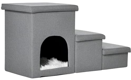 PawHut Scaletta per Cani e Gatti 10kg max a 3 Gradini con Casetta per Cani e Spazio Portaoggetti a Scomparsa, 73.5x33x40.5 cm, Grigio
