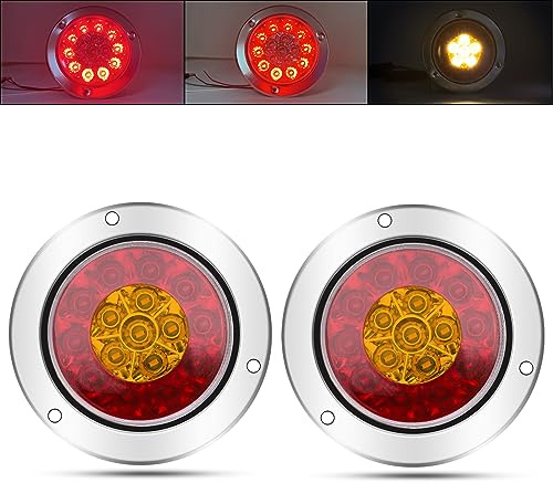 Biqing 2PCS 4 LED Feu Arrière de Remorque,Rond Feux arrières à 24V Camion Remorque Bateau Arrière Feu Arrière Frein Feu de Brouillard Inversé avec Anneau Chromé (Argent-Rouge&Jaune)