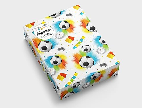 Geschenkpapier für Jungen Fussball Geschenkverpackung für kleine Geschenke Kindergeburtstag Mitgebsel Gastgeschenke verpacken Kindermotiv (6 Bögen in DIN A3 + 6 Aufkleber + 25 Verschlusspunkte)