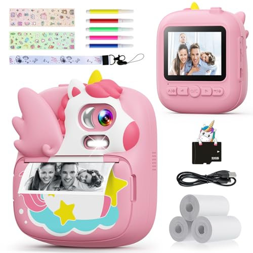 CAMCLID Camara Fotos Infantil Instantanea, 2,4 ’‘ HD 1080P Cámara Fotos Infantil con Tarjeta de 32G y Papel Fotográfico de Impresión, Niños y Niñas de 3 a 12 años (Rosa)