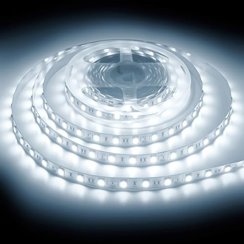 ShineBurky Striscia LED 12V 5 Metri Bianco Freddo, Strisce LED Adesive SMD5050 300LEDs Luci LED Strip Light Flessibili Tagliabile per Camera Cucina TV Decorazione (Senza Alimentatore)