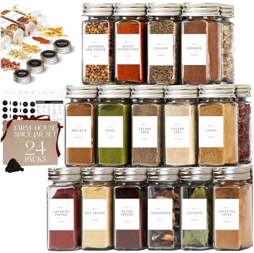 FINESSY Thick Glass Spice Jars With Labels, Airtight Metal Lids 4oz 24 Pack | Empty Spice Jars With Sift / Pour Shaker Inserts, Airtight Lids, Waterproof Labels (200 Pre-Printed, 40 Blank) And Funnel