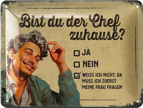 LANOLU Retro Blechschild BIST DU DER CHEF, vintage Metallschilder mit Sprüchen, Shabby Chic Deko Küche und Garten, lustige Schilder aus Metall 15x20cm
