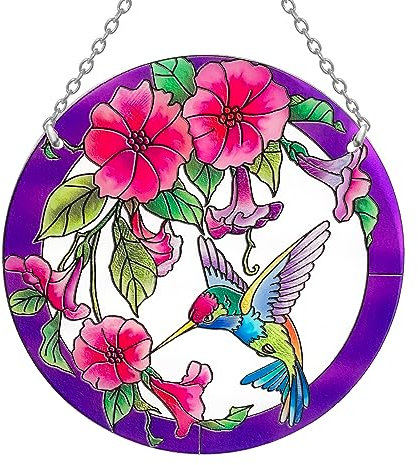 Größerer violetter Buntglas-Fensterbehang, Kolibri-Geschenke für Frauen, Vogel und Blumen, Sonnenfänger