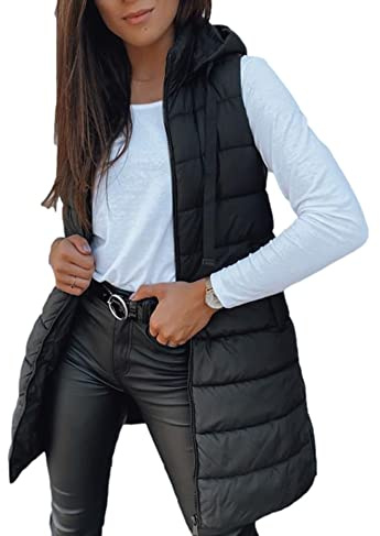 Imily Bela Chaleco acolchado para mujer, chaleco largo y ligero con capucha, sin mangas, chaqueta de invierno, chaleco de entretiempo cálido, Negro, XL