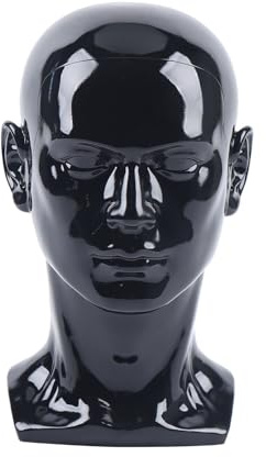 Qussse Männlich Modellkopf PVC Perückenkopf Schaufensterpuppe Kopf Mannequin Kopf für Perücken, Kopfhörer,Hüte, Schmuck (Glänzend schwarz)