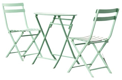 AKNGFO 3-teiliges skandinavisches Terrassen-Bistro-Set, Bistrotisch aus Eisen mit 2 Klappstühlen, Gartenmöbel-Set für den Außenbereich für Camping, Rasen, Deck, Grün