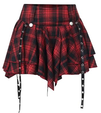 YINGWIN Women's Pleated Skirt High Waist Skater Skirt Gothic Y2K Basics Miniskirt with Shorts Red