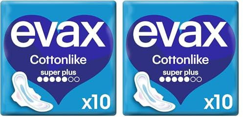 Evax Cottonlike Compresas con Alas, Super Plus, 10 Unidades, 100% Limpia y 0% Olor (Paquete de 2)