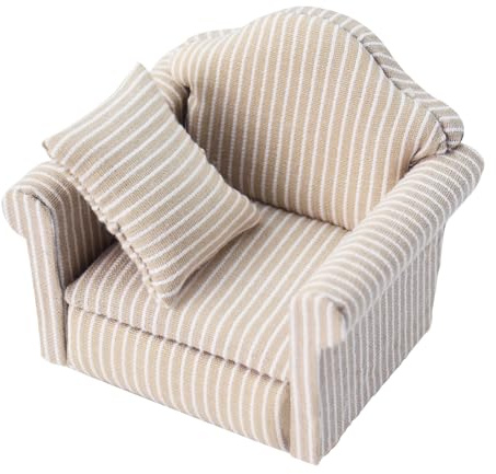 Coriver Puppenhaus Sofa, 1:12 Puppenhaus Möbel, Puppenhaus Couch Modell, gestreiftes Einzel, Gestreift Mini Sessel, Simulationszubehör, Puppen Heimdekoration mit Kissen, Mini Möbel Sofa Set