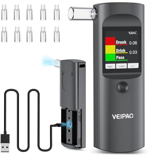 VEIPAO Etilometro Portatile Certificato Alcol Test: Alcoltest Professionale Italiano con 11 Boccagli - Etilometri con Schermo LCD Digitale Alta Precisione per Uso Personale Casa Test, Grigio