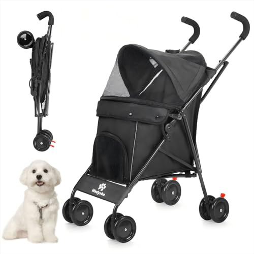 Regenschirm Hundebuggy für kleine Hunde 10 bis 9 kg, faltbarer Haustier-Kinderwagen, leicht, 4,1 kg, mit doppeltem 4-Rad-Schultergurt, Aufbewahrungskorb, Getränkehalter, Dunkelgrün (Schwarz)
