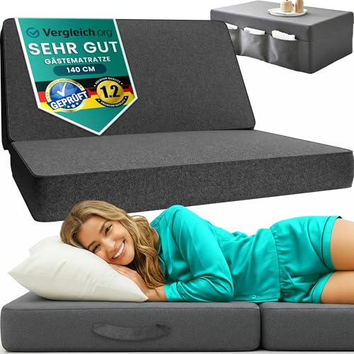 Vikbar Dubbel Madrass 140x195x14 cm – halvfast & bekväm – 2 Personer med Överdrag, som bord & vikbar puff – platsbesparande för gäster – OEKO-TEX certifierad