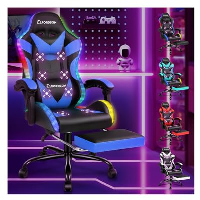 ELFORDSON LED Gaming Chair with 8-Point Massage, Ergonomic Computer Office Chairs with Headrest, Lumbar Cushion, Footrest, RGB Light, High Back 150° Reclining, 360° Swivel, PU Leather, Blue
